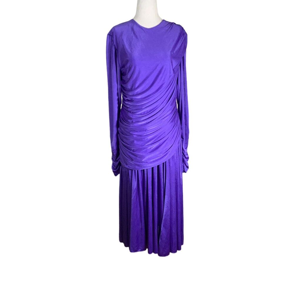 Clarelura Vintage Elegant Asymmetrical Ruched Long Sleeve Midi Dress Size S